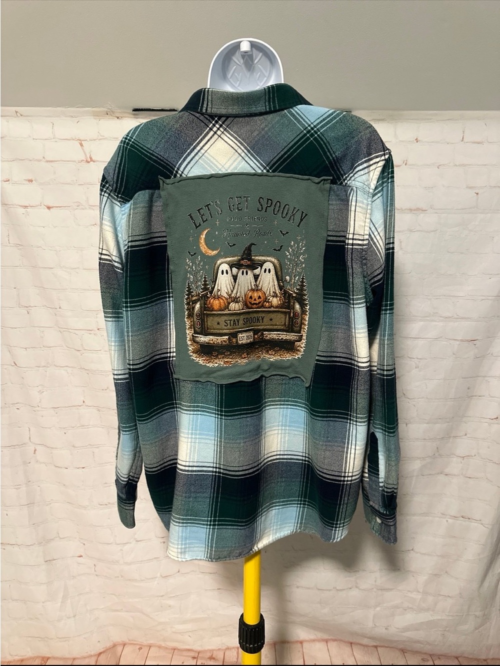 Upcycled Halloween "Let's Get Spooky" Ghosts Tee Flannel Sz 18